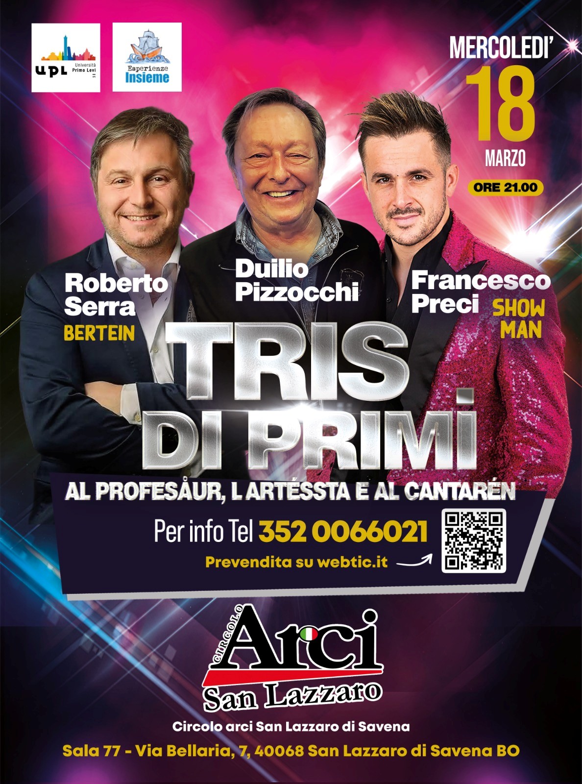 Spettacolo ‘TRIS DI PRIMI – Al profesåur, l’artésta e al cantarén’